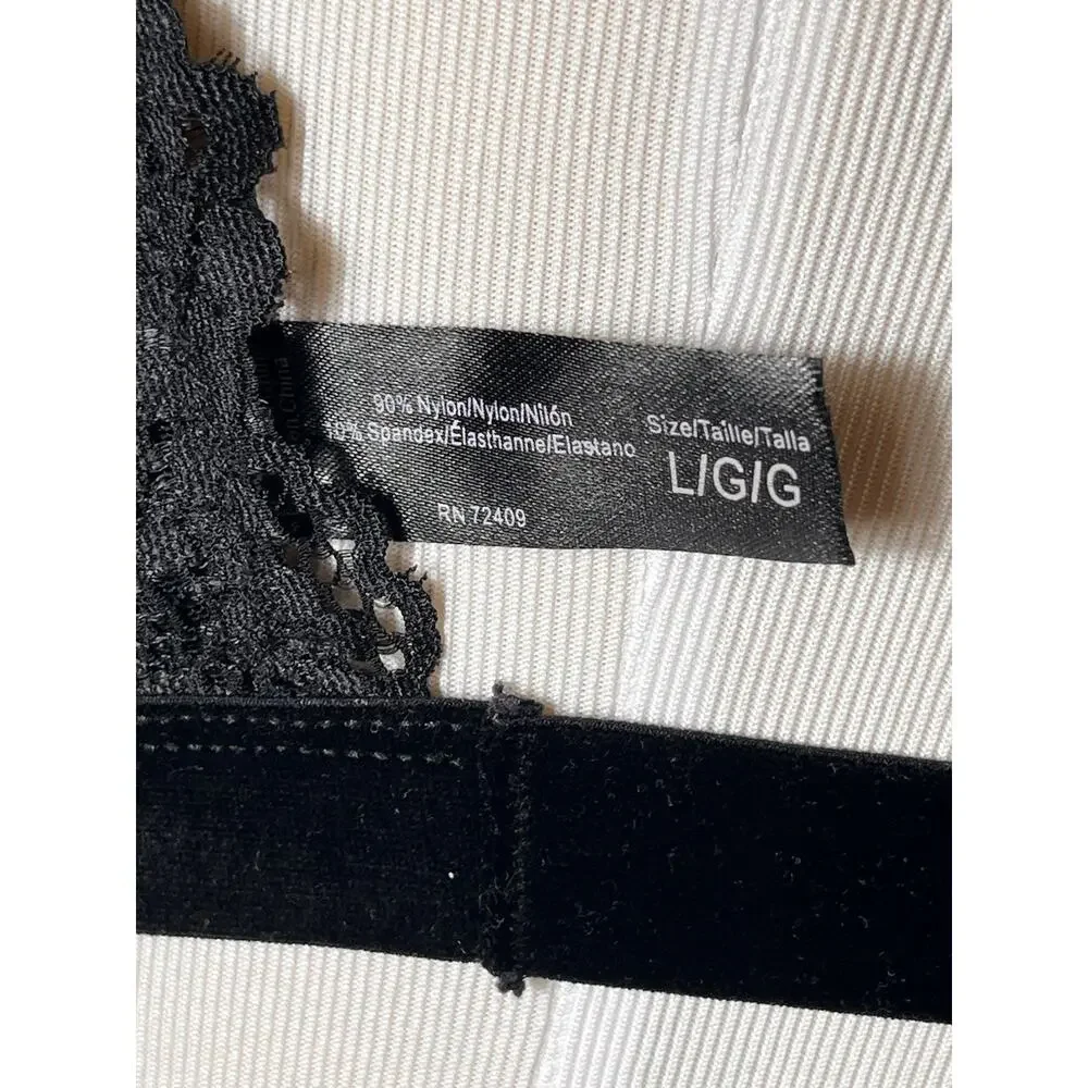 Rene Rofe Black Lace Bralette L Wireless‎ Padded Cross Back Velvet Straps - Picture 11 of 11